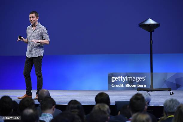 Chris Cox, chief product officer of Facebook Inc., unveils the Surround 360 camera during the Facebook F8 Developers Conference in San Francisco,...