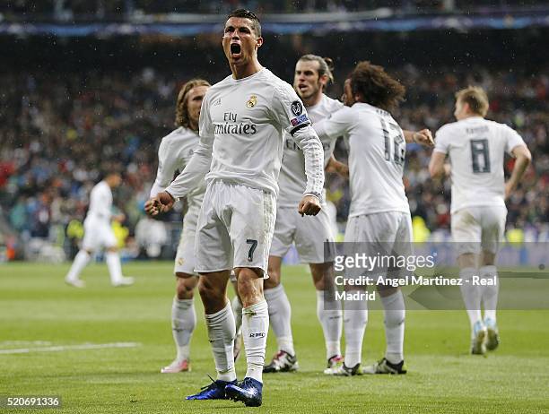 Cristiano Ronaldo of Real Madrid celebrates after scoring his team's second goal during the UEFA Champions League quarter final second leg match...