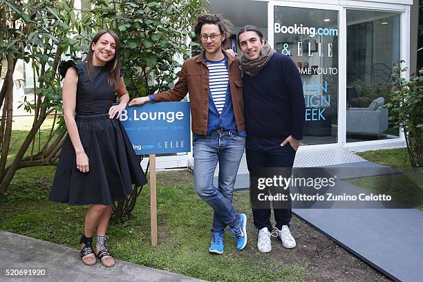 Dorana DeCarolis, Arthur Arbesser, Luca Lanzoni pose at the Elle.it lounge during the Milan Design Week on April 13, 2016 in Milan, Italy.