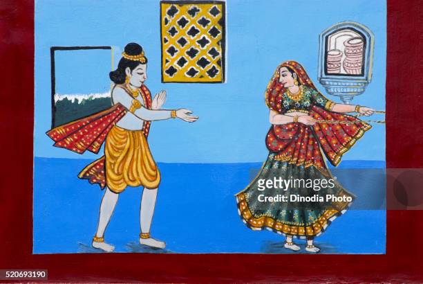 painting of lord krishna teasing milkmaid for butter at krishna temple karnataka india asia - hindu god krishna stock-fotos und bilder