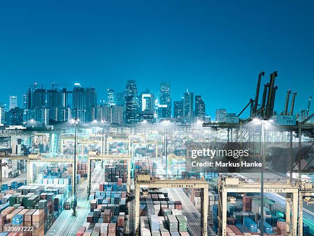 singapore at night - singapore port stock pictures, royalty-free photos & images