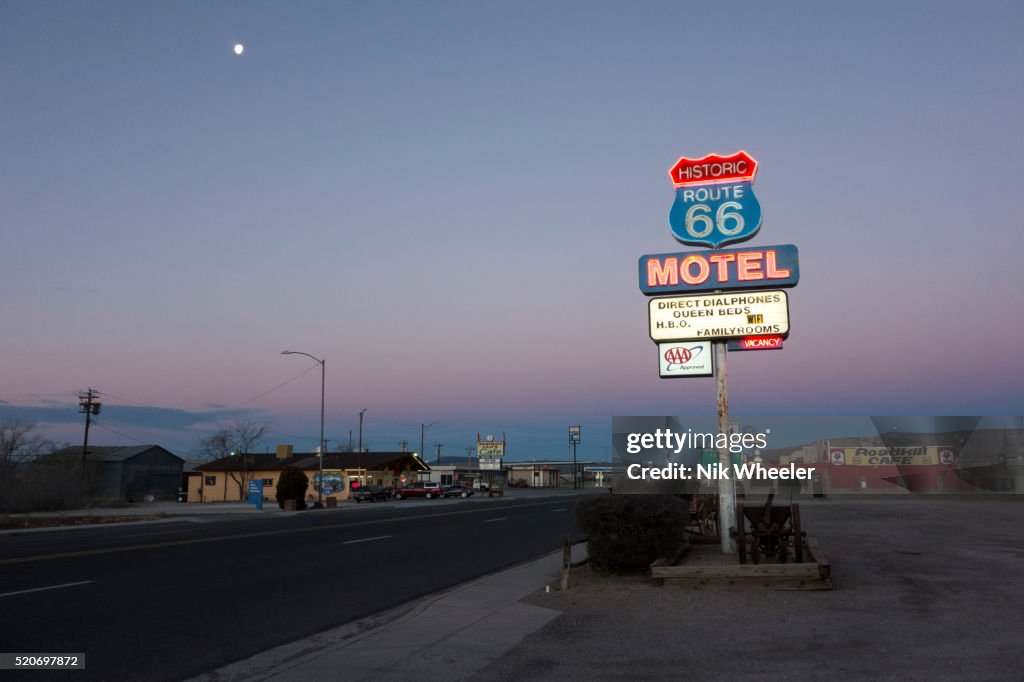 Motel sign on Main Street of small town of Seligman along historic Route 66, Arizona, USA