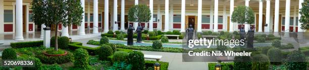 Panoramic view of an interior courtyard in the Getty Villa Museum, built on the lines of a Roman villa, which houses a fine collectionof classical...