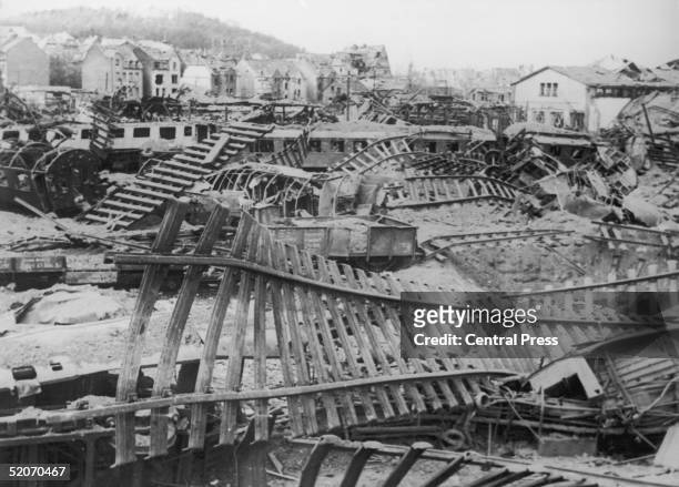 Wrecked railway marshalling yards at Limburg, Germany after allied bombing, April 1945.