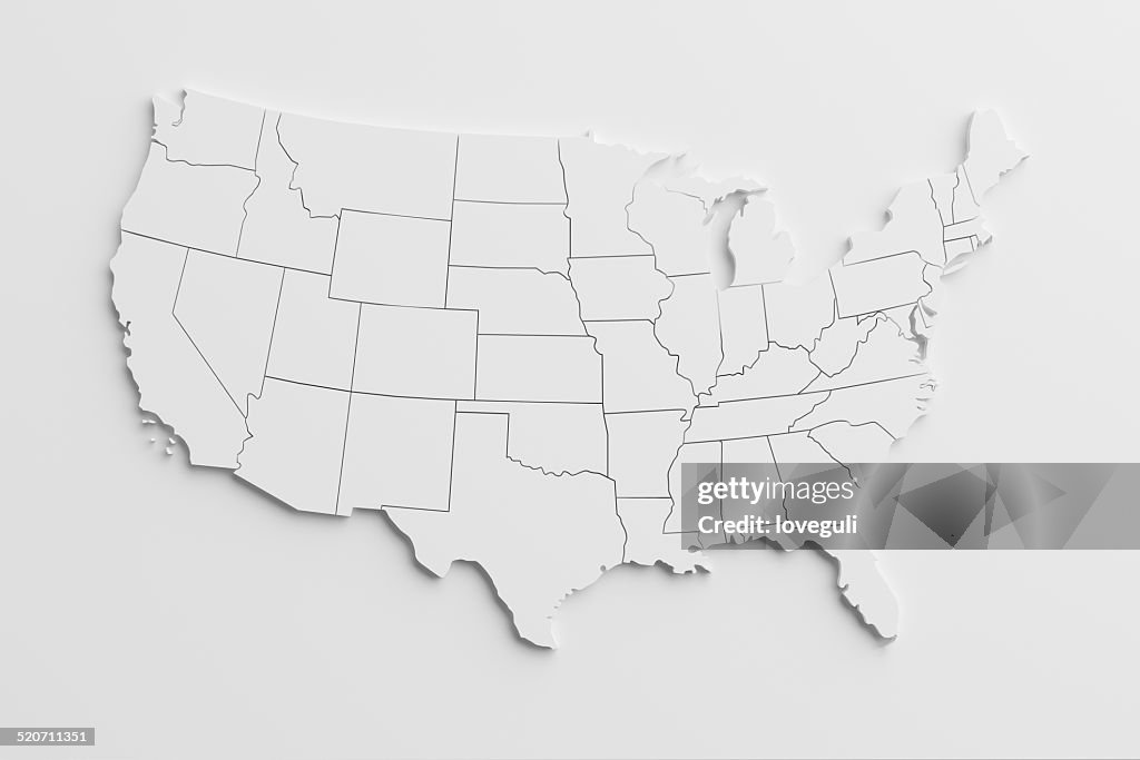 Paper cutout national map of United States with isolated background