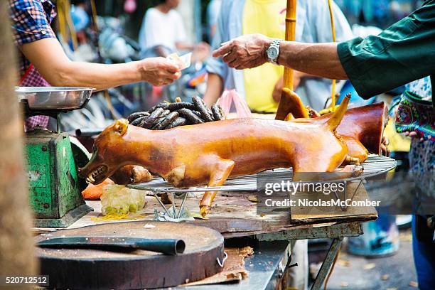 gebratene hund zum verkauf an vietnamesischen straßenmarkt - vietnamese street food stock-fotos und bilder