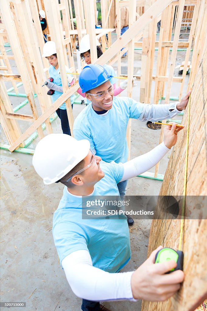 Volunteers work together to measure wall at construction site
