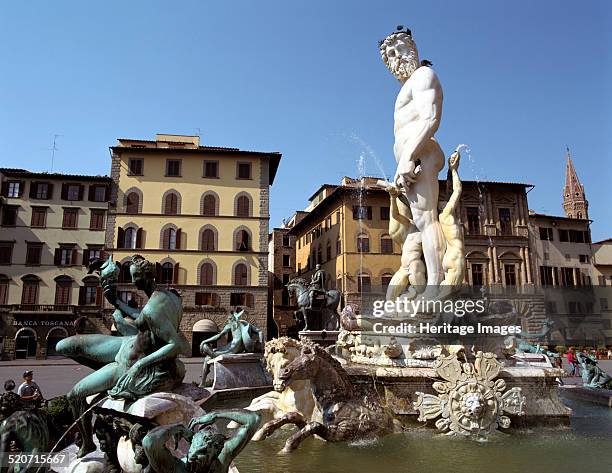 Statue of Neptune, Fonte del Nettuno in the Piazza della Signoria, Florence, Italy. The marble sculpture of the Fountain of Neptune was created by...