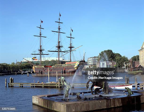 Replica Dutch East Indiaman at Scheepvaart Museum, Amsterdam, Netherlands. The Dutch East India Company was established in 1602 to trade with Dutch...