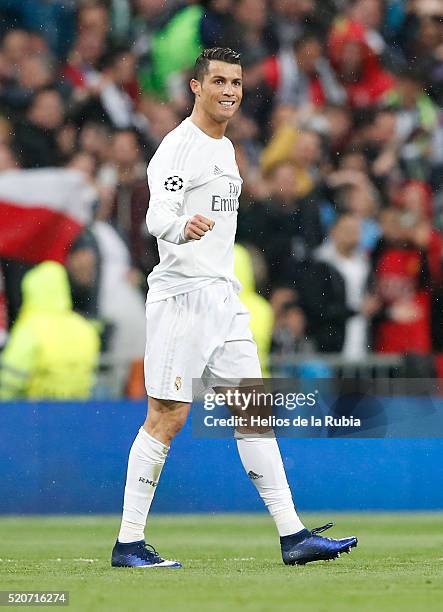 Cristiano Ronaldo of Real Madrid celebrates after scoring during the UEFA Champions League quarter final second leg match between Real Madrid and VfL...