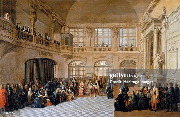 Louis XIV receiving the oath of the Marquis De Dangeau, Grand Master of the Order of Saint Lazare in the chapel of Versailles, D. Found in the...