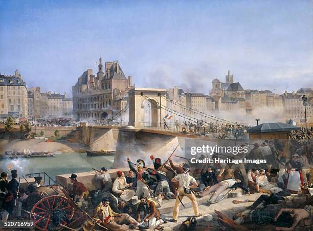 Attack on the Hotel de Ville and Combat on the Pont d?Arcole, July 28, 1830. Found in the collection of Musée de l'Histoire de France, Château de...