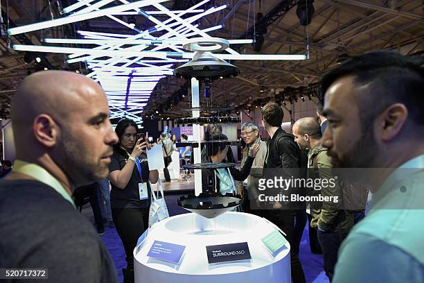 Attendees view the Surround 360 camera during the Facebook F8 Developers Conference in San Francisco, California, U.S., on Tuesday, April 12, 2016....
