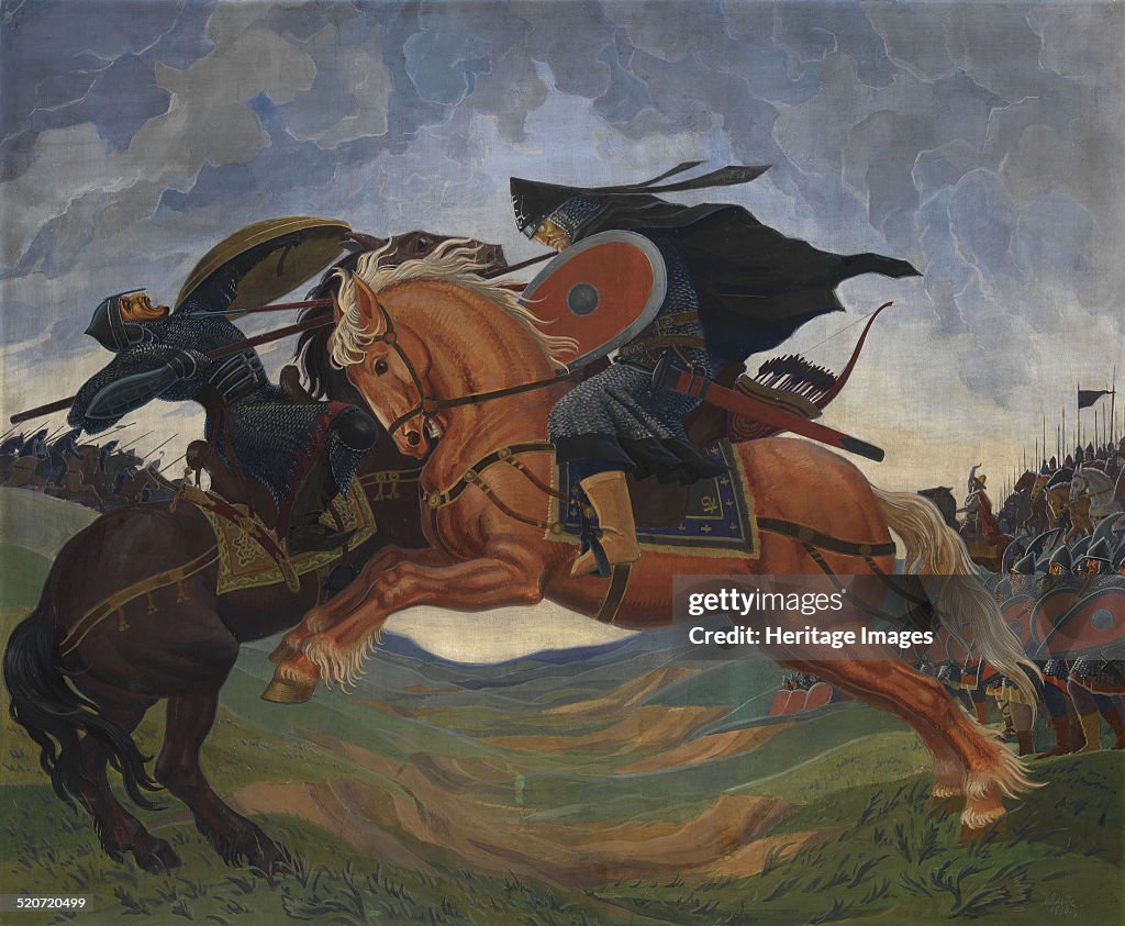 Single combat of Peresvet and Temir-murza on the Kulikovo Field in 1380. Artist: Jacobi, Mavriki Petrovich (1906-1938)