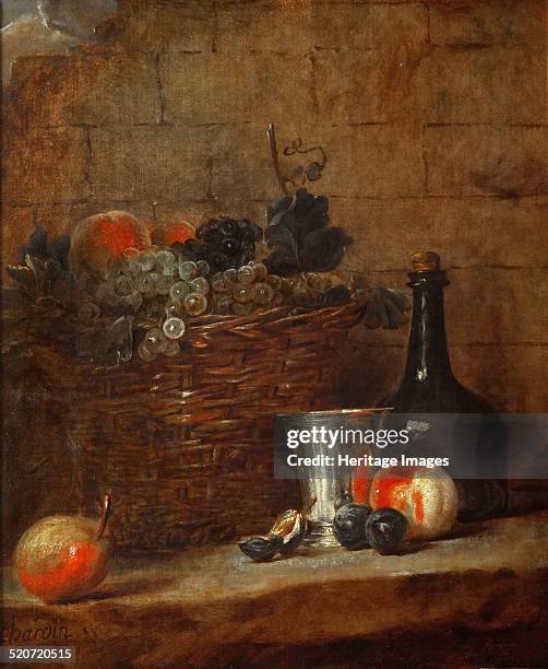 Fruit Basket with Grapes, a Silver Goblet and a Bottle, Peaches, Plums, and a Pear. Found in the collection of Louvre, Paris.