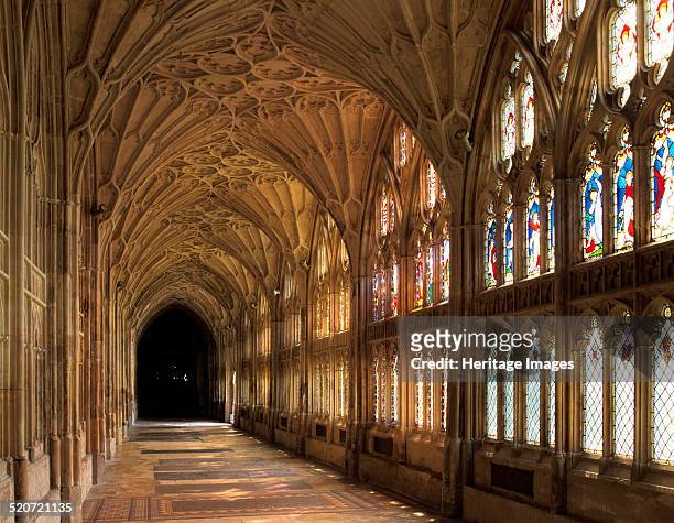 Cloisters of Gloucester Cathedral, late 14th century. The elaborate fan vaulting, the earliest example in Britain, is clearly visible.