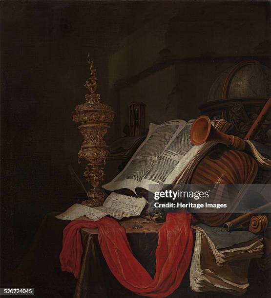 Still life with musical instruments and books . Found in the collection of National Gallery, Prague.