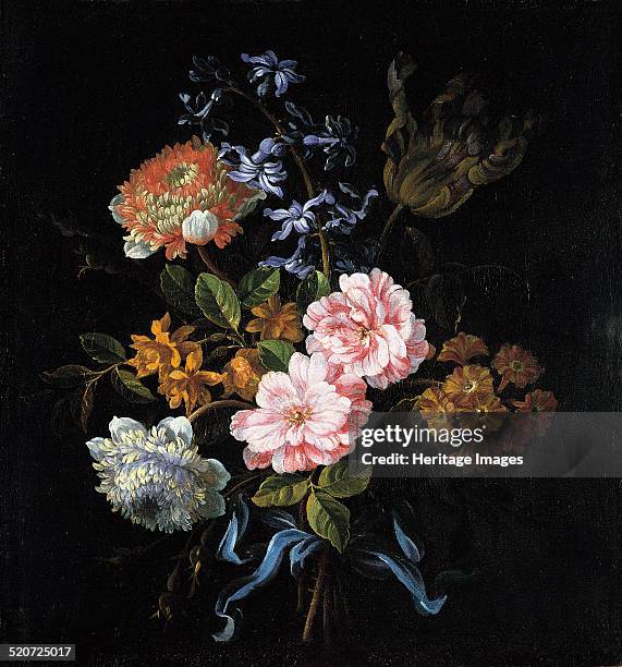 Bouquet of poppy anemones, roses, double campernelle, a hyacinth, a tulip and auricula tied with a blue ribbon. Found in the collection of...