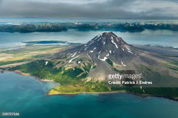 aerial of mt. augustine volcano - volcanic landscape stock pictures, royalty-free photos & images