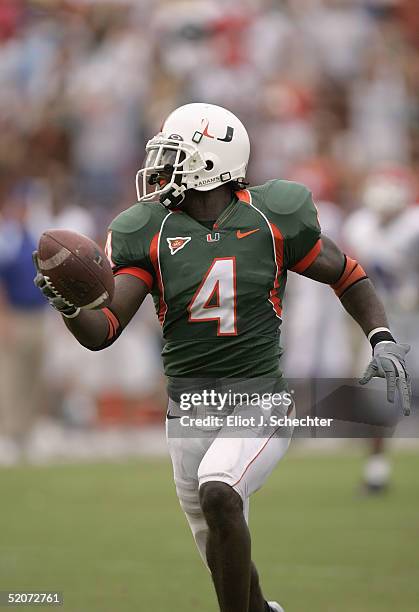 Wide receiver Devin Hester of the University of Miami Hurricanes runs upfield against the Louisiana Tech Bulldogs during the game on September 18,...