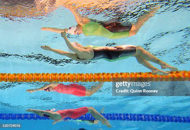 Minna Atherton and Belinda Hocking of Australia compete in the Women's 200 Metre Backstroke during day six of the 2016 Australian Swimming...