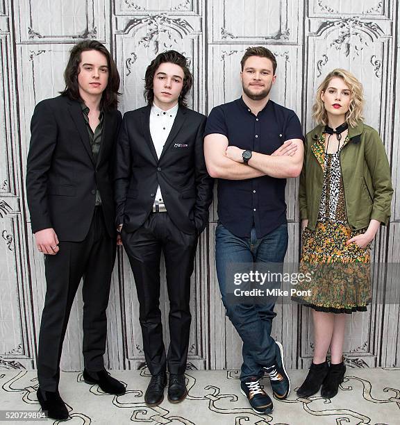 Actors Ferdia Walsh-Peelo, Mark McKenna, Jack Reynor, and Lucy Boynton attend the AOL Build Speaker Series to discuss "Sing Street" at AOL Studios In...