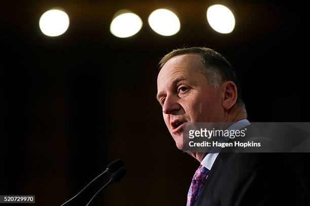 Prime Minister John Key speaks during the Business New Zealand pre-budget lunch at Michael Fowler Centre on April 13, 2016 in Wellington, New...