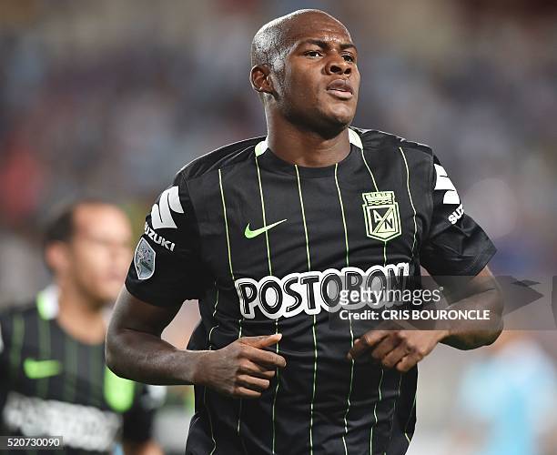 Colombia's Atletico Nacional player Victor Ibarbo celebrates after scoring against Peru's Sporting Cristal during their Libertadores Cup football...