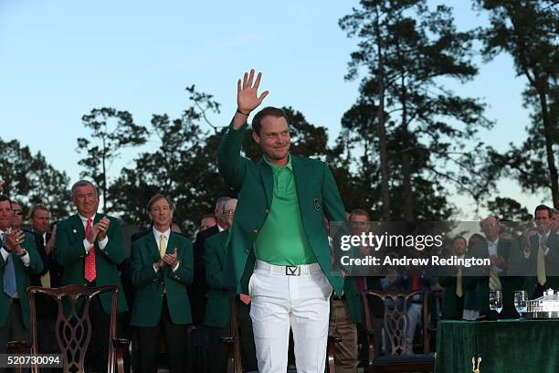 Danny Willett of England celebrates with the green jacket after winning the 2016 Masters Tournament at Augusta National Golf Club on April 10, 2016...