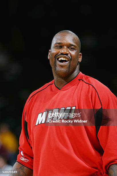 Shaquille O'Neal of the Miami Heat smiles before the game against the Golden State Warriors at the Arena in Oakland on January 12, 2005 in Oakland,...