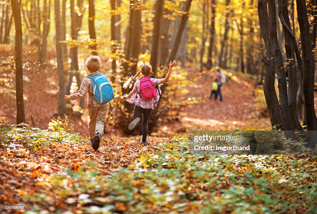 Enfants courir dans la forêt de hêtre automne