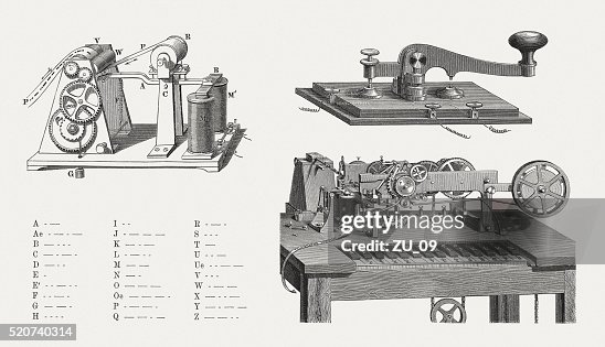 Telegraphs and morse code, wood engravings, published in 1880