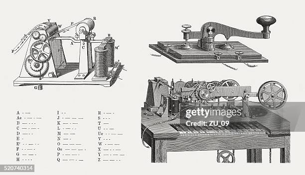 telegraphs and morse code, wood engravings, published in 1880 - telegraph machine stock illustrations
