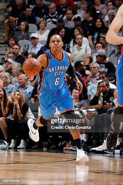 Randy Foye of the Oklahoma City Thunder handles the ball during the game against the San Antonio Spurs on April 12, 2016 at the AT&T Center in San...