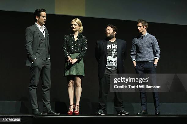 Actors Colin Farrell, Alison Sudol, Dan Fogler and Eddie Redmayne speak onstage during CinemaCon 2016 Warner Bros. Pictures Invites You to The Big...