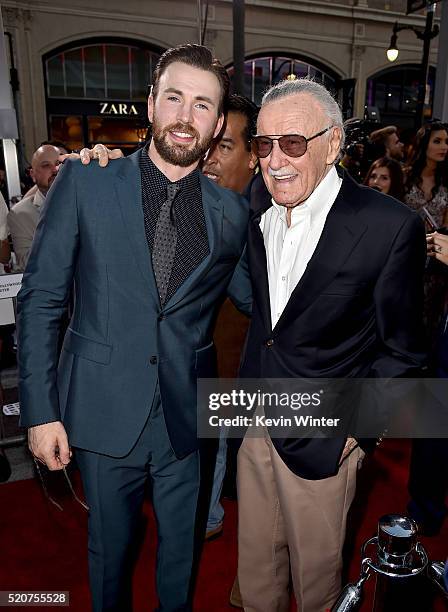 Actor Chris Evans and executive producer Stan Lee attend the premiere of Marvel's "Captain America: Civil War" at Dolby Theatre on April 12, 2016 in...