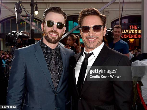 Actors Chris Evans and Robert Downey Jr. Attend the premiere of Marvel's "Captain America: Civil War" at Dolby Theatre on April 12, 2016 in Los...