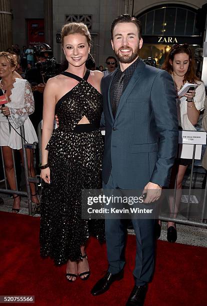 Actors Emily VanCamp and Chris Evans attend the premiere of Marvel's "Captain America: Civil War" at Dolby Theatre on April 12, 2016 in Los Angeles,...