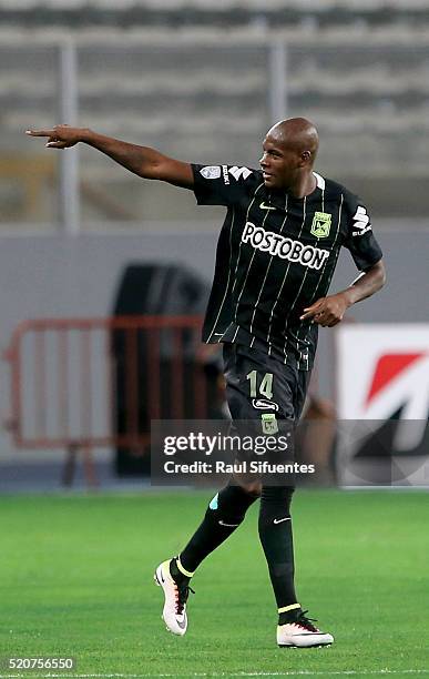 Victor Ibarbo of Atletico Nacional celebrates the first goal of his team against Sporting Cristal during a match between Sporting Cristal and...