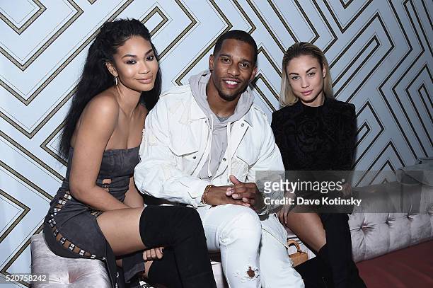 Model Chanel Iman, footbal player Victor Cruz and model Rose Bertram attend Sports Illustrated's Fashionable 50 event at Vandal on April 12, 2016 in...