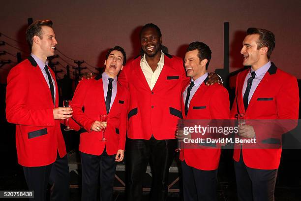 Declan Egan, Matt Corner, Audley Harrison , Simon Bailey and Matt Hunt following the 8th anniversary gala performance of "Jersey Boys" at the...