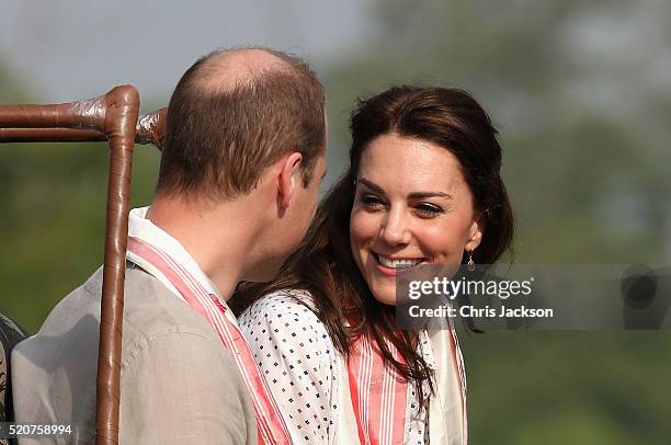 Catherine, Duchess of Cambridge and Prince William, Duke of Cambridge prepare to leave on a safari in Kaziranga National Park on day 4 of the royal...