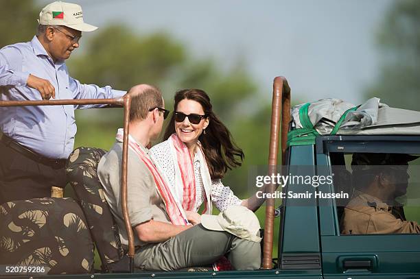 Catherine, Duchess of Cambride and Prince William, Duke of Cambridge ride in an open-air jeep on safari around the National Park at Kaziranga...