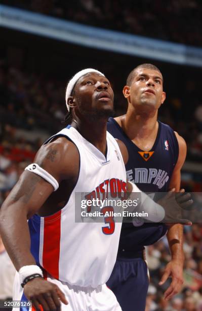 Ben Wallace of the Detroit Pistons stands on the court during the game with the Memphis Grizzlies on January 6, 2005 at the Palace of Auburn Hills,...