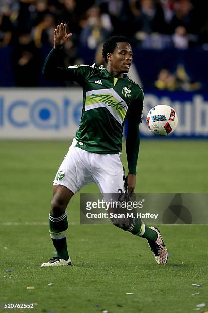 Alvas Powell of Portland Timbers dribbles the ball against the Los Angeles Galaxy during the first half of their MLS match at StubHub Center on April...