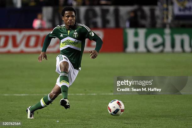 Alvas Powell of Portland Timbers dribbles the ball against theLos Angeles Galaxy during the first half of their MLS match at StubHub Center on April...