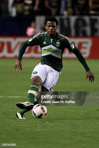Alvas Powell of Portland Timbers dribbles the ball against theLos Angeles Galaxy during the first half of their MLS match at StubHub Center on April...