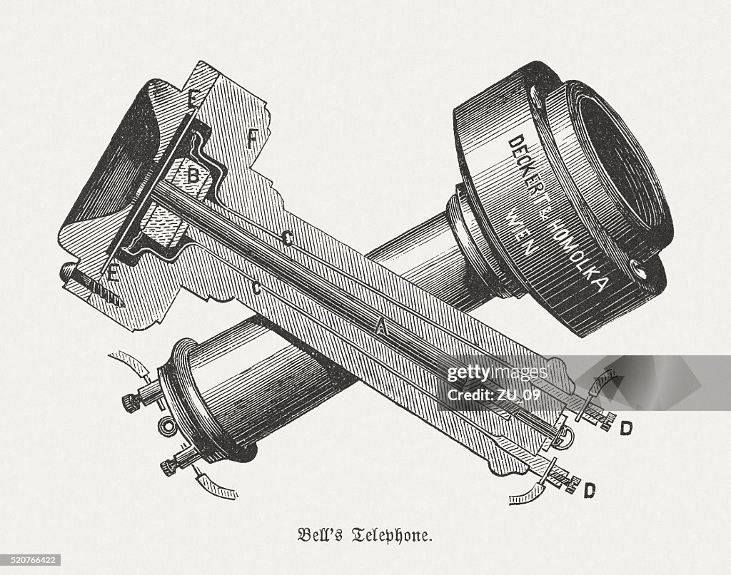 Telephone by Alexander Graham Bell (1847-1922), wood engraving published 1880