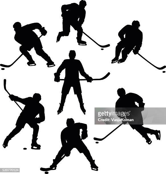 ilustraciones, imágenes clip art, dibujos animados e iconos de stock de conjunto de 7 siluetas de hockey sobre hielo - hockey