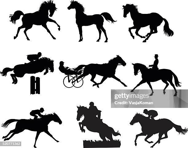 neun pferd silhouetten-equestrian - springreiten stock-grafiken, -clipart, -cartoons und -symbole
